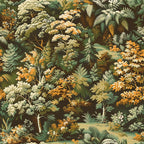 Illustrated pattern of dense foliage with various trees and plants in earthy tones of green, yellow, and brown.