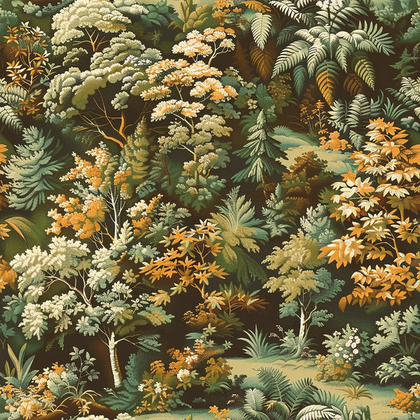 Illustrated pattern of dense foliage with various trees and plants in earthy tones of green, yellow, and brown.