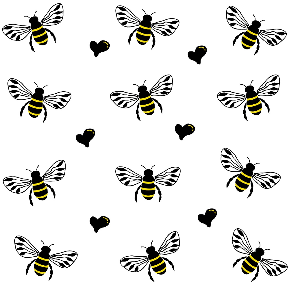 Pattern of cartoon bees and black hearts on a white background.