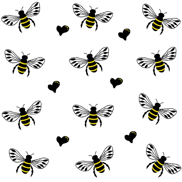 Pattern of cartoon bees and black hearts on a white background.