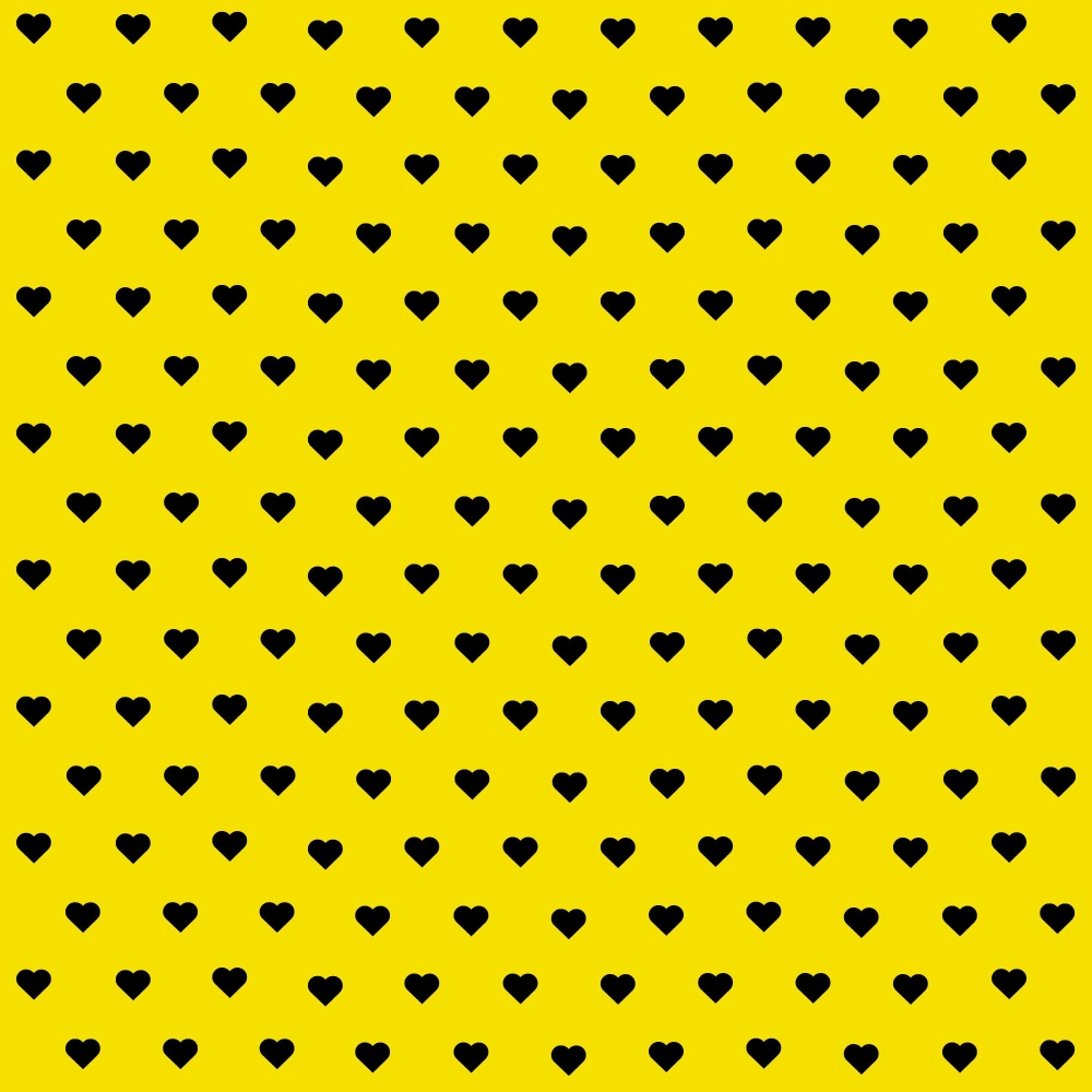 Black heart pattern on a yellow background, evenly spaced across the image.