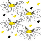 Illustration of bees on large daisies with yellow centers. Black and yellow heart shapes are scattered in the background.