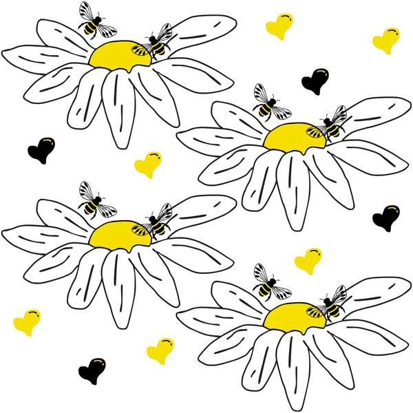 Illustration of bees on large daisies with yellow centers. Black and yellow heart shapes are scattered in the background.