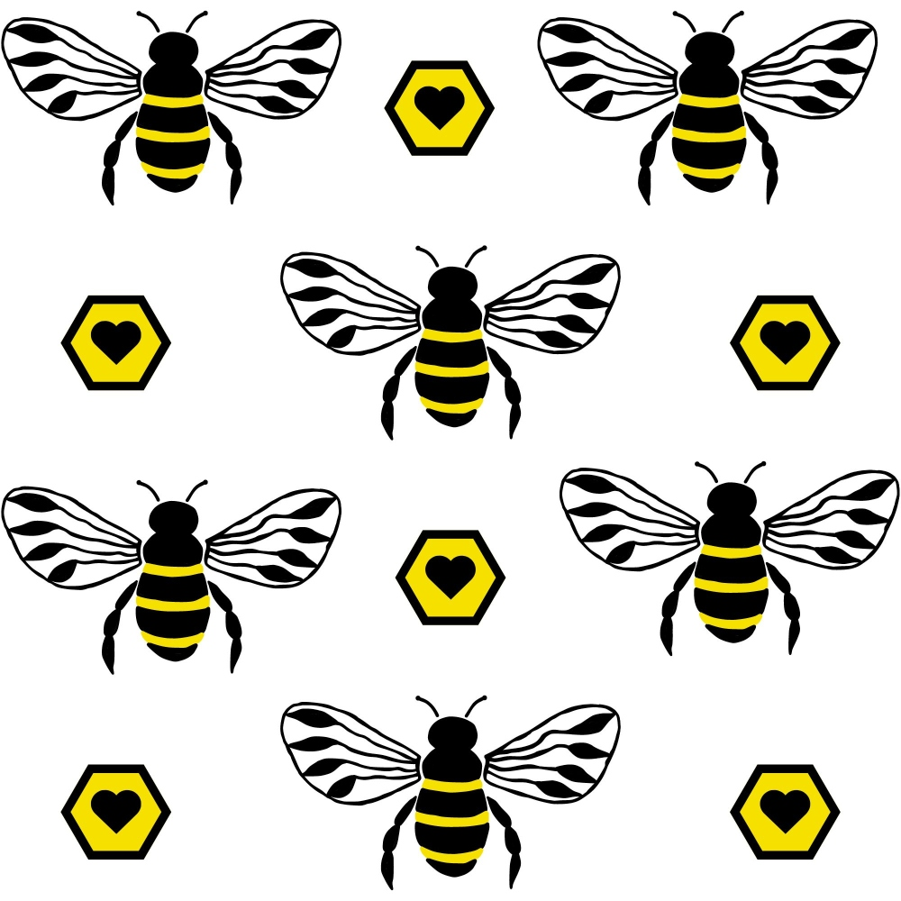 Pattern of bees and yellow hexagons with hearts on a white background.