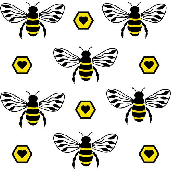 Pattern of bees and yellow hexagons with hearts on a white background.