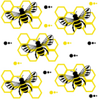 Pattern of black and yellow bees on hexagonal honeycombs with circular dots, arranged against a white background.