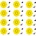 Pattern of yellow flowers, bees, and black hearts on a white background.