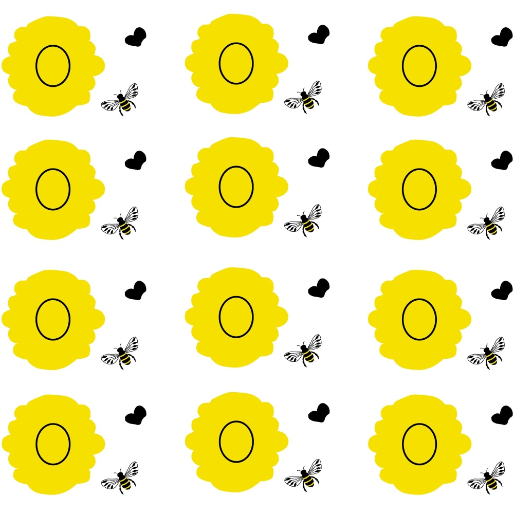 Pattern of yellow flowers, bees, and black hearts on a white background.