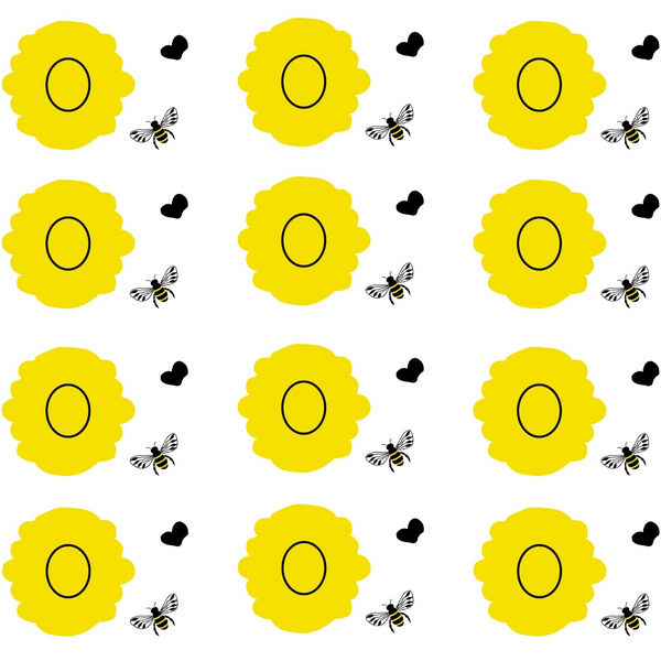 Pattern of yellow flowers, bees, and black hearts on a white background.