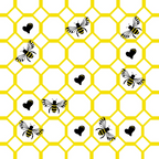 A hexagonal pattern with honeybees and black heart shapes dispersed throughout.