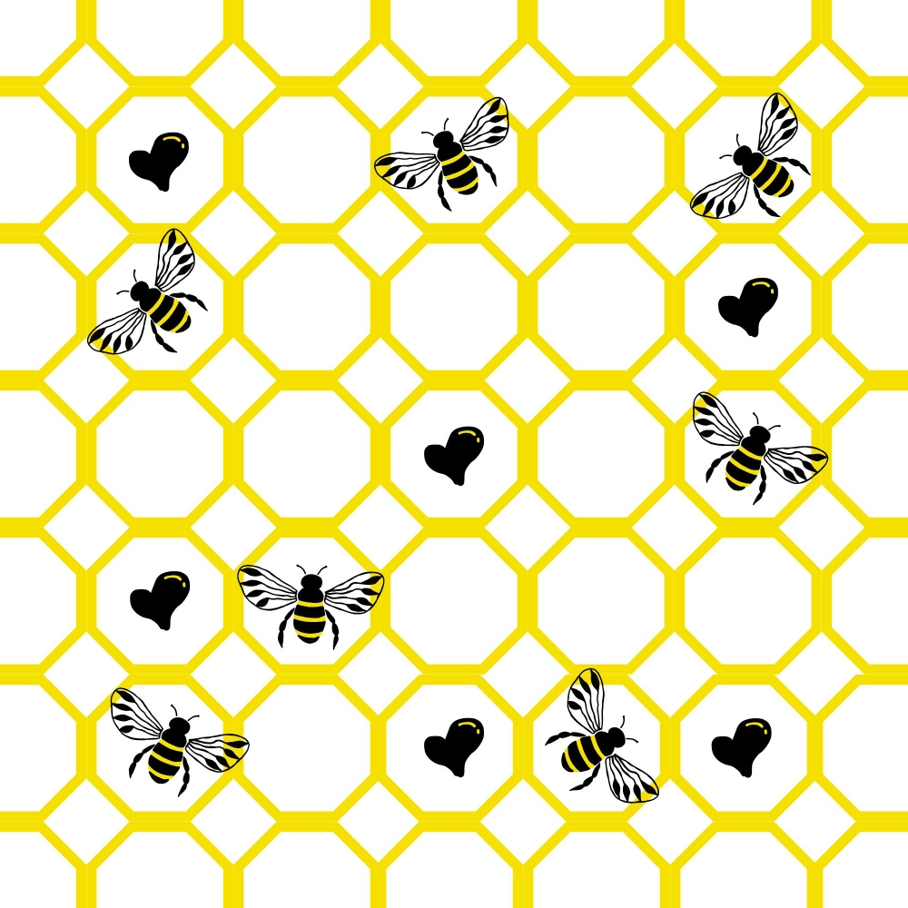 A hexagonal pattern with honeybees and black heart shapes dispersed throughout.
