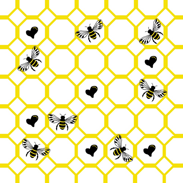 A hexagonal pattern with honeybees and black heart shapes dispersed throughout.
