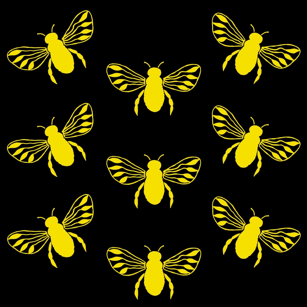 Nine yellow bees with striped wings are evenly arranged against a black background.