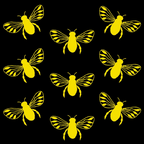 Nine yellow bees with striped wings are evenly arranged against a black background.