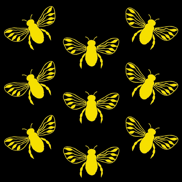 Nine yellow bees with striped wings are evenly arranged against a black background.
