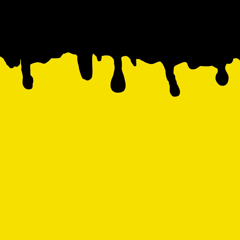 Black paint drips from the top over a solid yellow background, resembling an abstract pattern of dripping liquid.
