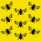 Nine stylized black bee silhouettes with striped wings on a solid yellow background.
