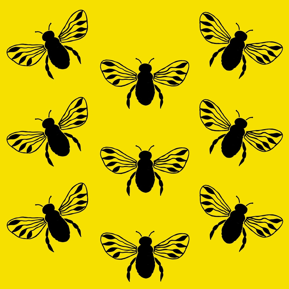 Nine stylized black bee silhouettes with striped wings on a solid yellow background.