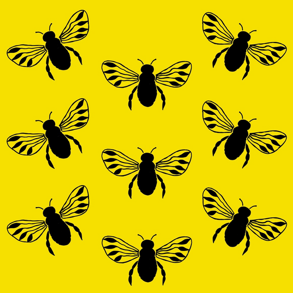 Nine stylized black bee silhouettes with striped wings on a solid yellow background.
