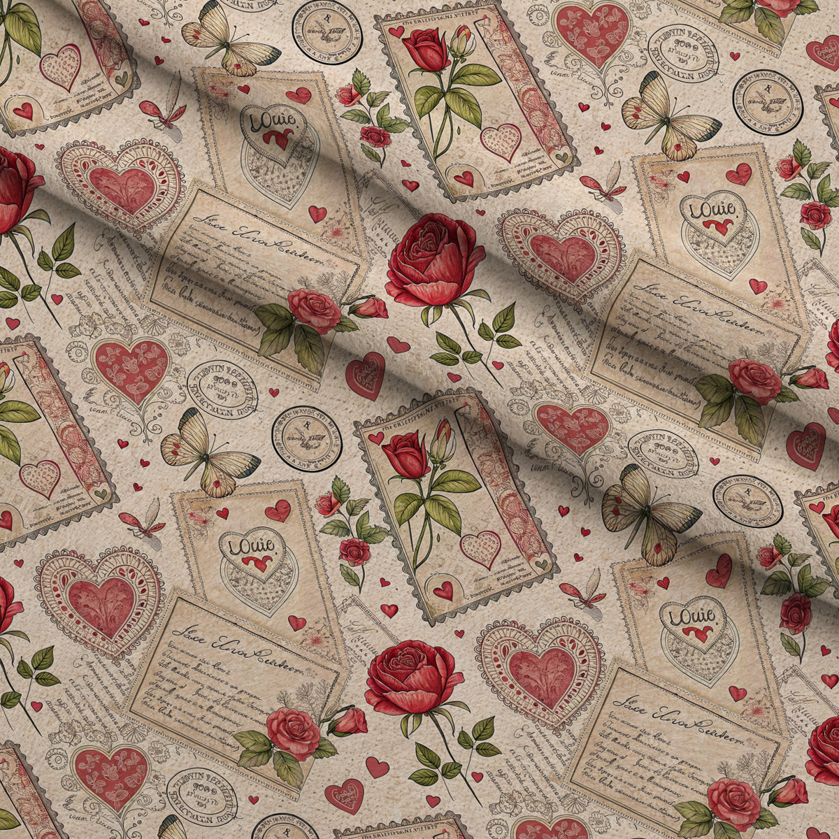 Antique Valentine Postcards Pattern 1 Minky Fabric — plush minky folded close-up preview (mv-minky-v1:lying)