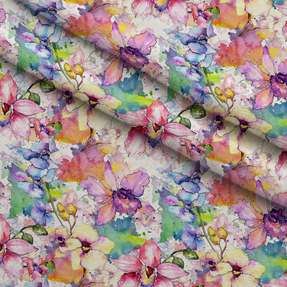 Aquarelle Orchid Flowers Pattern Minky Fabric — plush minky folded close-up preview (mv-minky-v1:lying)