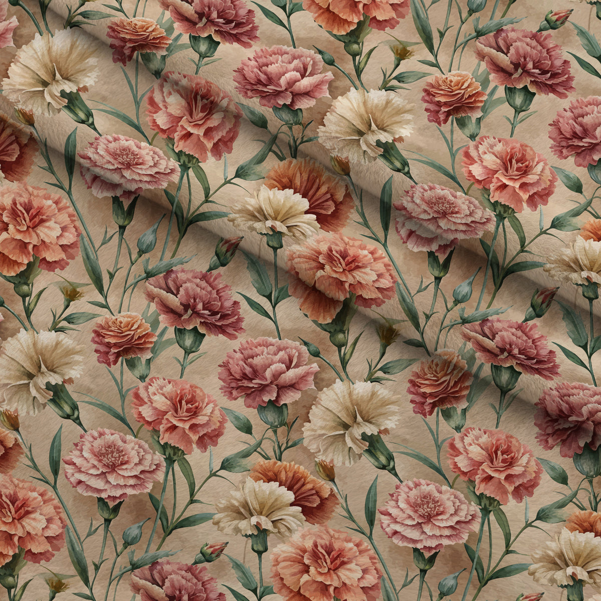 Art Nouveau Ruffled Carnations Pattern 1 Minky Fabric — plush minky folded close-up preview (mv-minky-v1:lying)