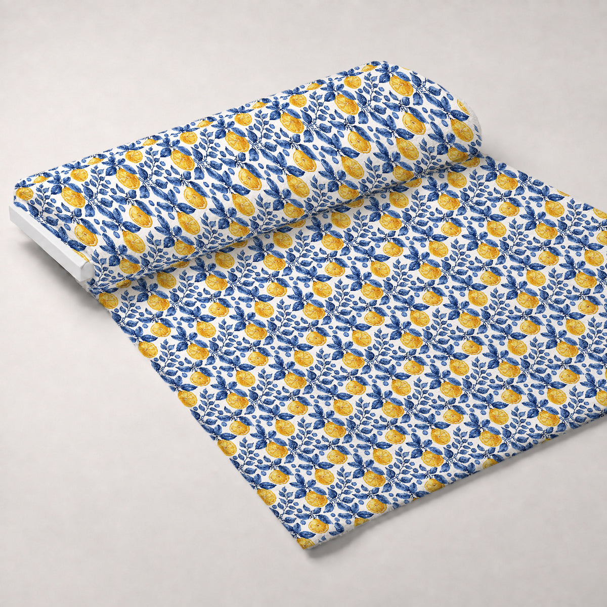 Azulejo Lemons with Blue Leaves Pattern 10 Minky Fabric — plush minky unrolled bolt preview (mv-minky-v1:bolt)