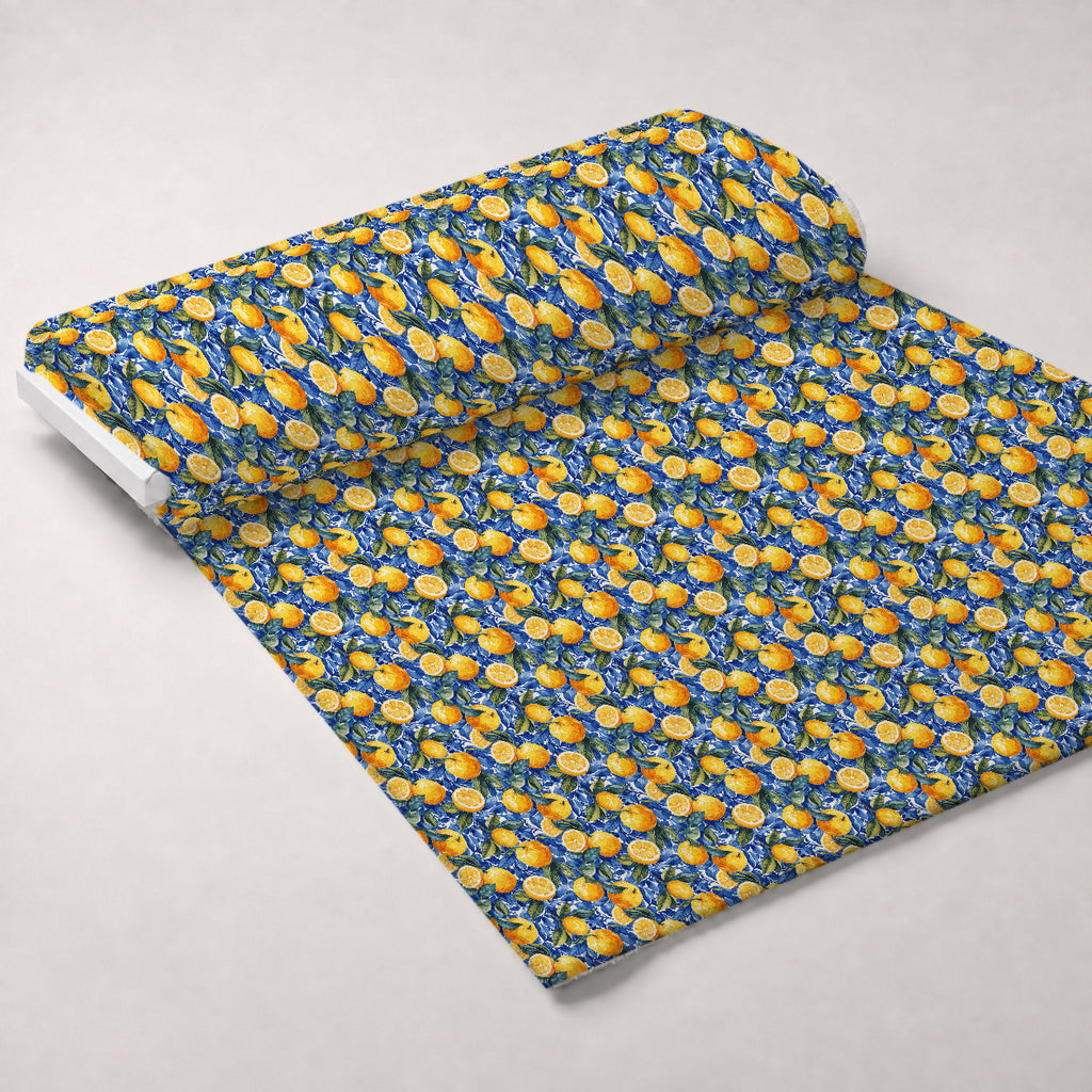Azulejo Lemons with Blue Leaves Pattern 2 Minky Fabric — plush minky unrolled bolt preview (mv-minky-v1:bolt)