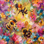 floral bees, vibrant colors, pink flowers, blue blossoms, orange accents, yellow hues, purple petals, painterly style, buzzing bees, garden scene, spring theme,, fabric panel, artistic brushstrokes, nature motif, pollinator design, colorful blooms, whimsical art, botanical print, busy bees
