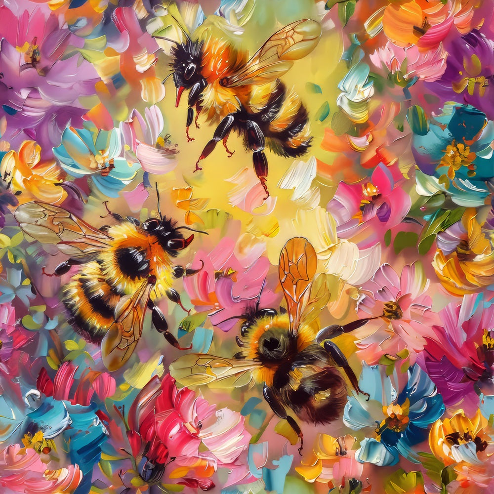 floral bees, vibrant colors, pink flowers, blue blossoms, orange accents, yellow hues, purple petals, painterly style, buzzing bees, garden scene, spring theme,, fabric panel, artistic brushstrokes, nature motif, pollinator design, colorful blooms, whimsical art, botanical print, busy bees