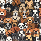 cute cartoon dogs,, fabric panel, dog faces, pet illustration, brown, black, white, orange, tan, beige, gray, animal pattern, packed design, friendly expressions, puppy art, whimsical style, seamless repeat, dog breeds, playful mood