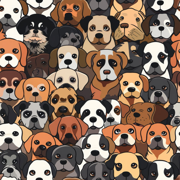 cute cartoon dogs,, fabric panel, dog faces, pet illustration, brown, black, white, orange, tan, beige, gray, animal pattern, packed design, friendly expressions, puppy art, whimsical style, seamless repeat, dog breeds, playful mood