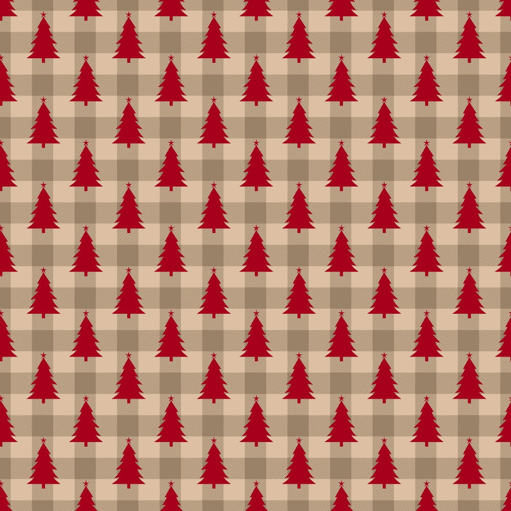 burgundy red, cream beige, taupe brown, christmas trees, evergreen silhouettes, plaid background, checkered pattern, geometric design, holiday theme, winter motif,, fabric panel, repeating pattern, festive colors, pine trees, country style, rustic charm, seasonal fabric, christmas crafting, cozy atmosphere