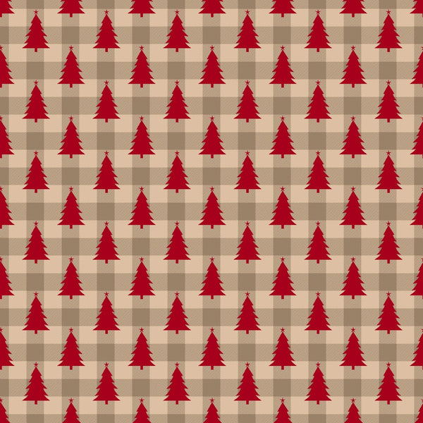 burgundy red, cream beige, taupe brown, christmas trees, evergreen silhouettes, plaid background, checkered pattern, geometric design, holiday theme, winter motif,, fabric panel, repeating pattern, festive colors, pine trees, country style, rustic charm, seasonal fabric, christmas crafting, cozy atmosphere