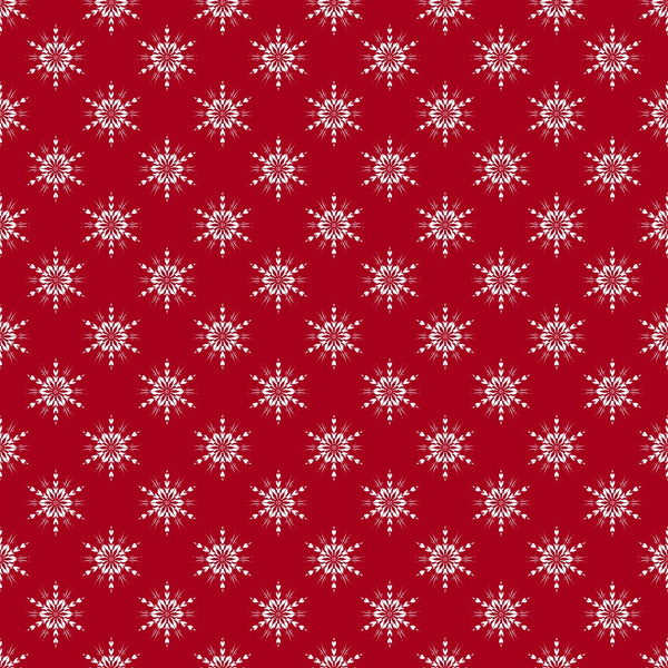 red fabric, white snowflakes, crimson background, winter pattern, snowflake motifs, geometric snowflakes,, fabric panel, christmas fabric, holiday pattern, festive design, winter theme, repeated pattern, small scale print, country style, seasonal fabric, cotton material, craft fabric, sewing material