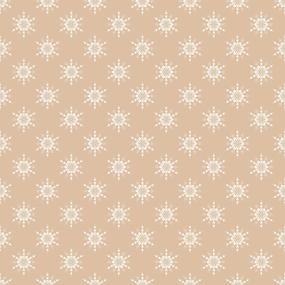 beige background, white snowflakes, winter motifs, geometric snowflakes, repeating pattern,, fabric panel, christmas fabric, holiday theme, neutral tones, symmetrical design, festive pattern, winter wonderland, crafting material, seasonal fabric, star-shaped snowflakes, cream colored, delicate design, country style