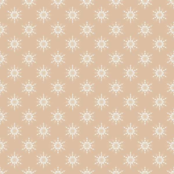 beige background, white snowflakes, winter motifs, geometric snowflakes, repeating pattern,, fabric panel, christmas fabric, holiday theme, neutral tones, symmetrical design, festive pattern, winter wonderland, crafting material, seasonal fabric, star-shaped snowflakes, cream colored, delicate design, country style