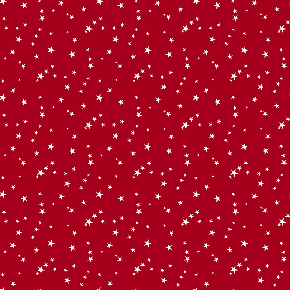 red background, white stars, scattered stars, starry pattern,, fabric panel, christmas fabric, holiday theme, festive design, country style, repeating pattern, celestial motifs, winter fabric, seasonal quilting, cotton material, star design, red and white, christmas quilting, holiday crafting