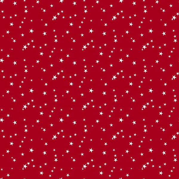 red background, white stars, scattered stars, starry pattern,, fabric panel, christmas fabric, holiday theme, festive design, country style, repeating pattern, celestial motifs, winter fabric, seasonal quilting, cotton material, star design, red and white, christmas quilting, holiday crafting