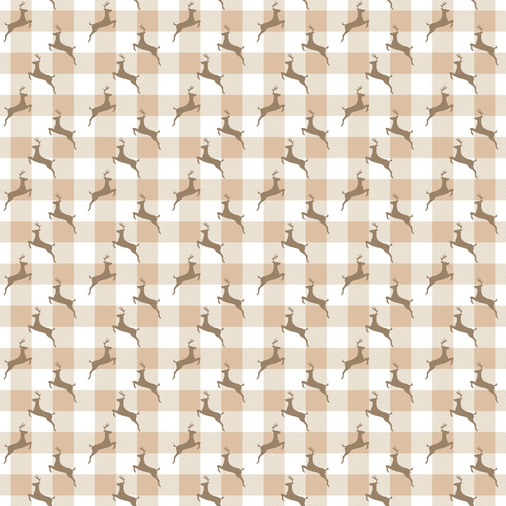 beige, tan, cream, white, plaid pattern, gingham, checkered, deer silhouettes, reindeer, antlers, jumping deer, country style, rustic, christmas theme, holiday motif,, fabric panel, winter animals, neutral tones, repeating pattern