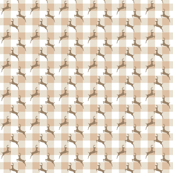 beige, tan, cream, white, plaid pattern, gingham, checkered, deer silhouettes, reindeer, antlers, jumping deer, country style, rustic, christmas theme, holiday motif,, fabric panel, winter animals, neutral tones, repeating pattern