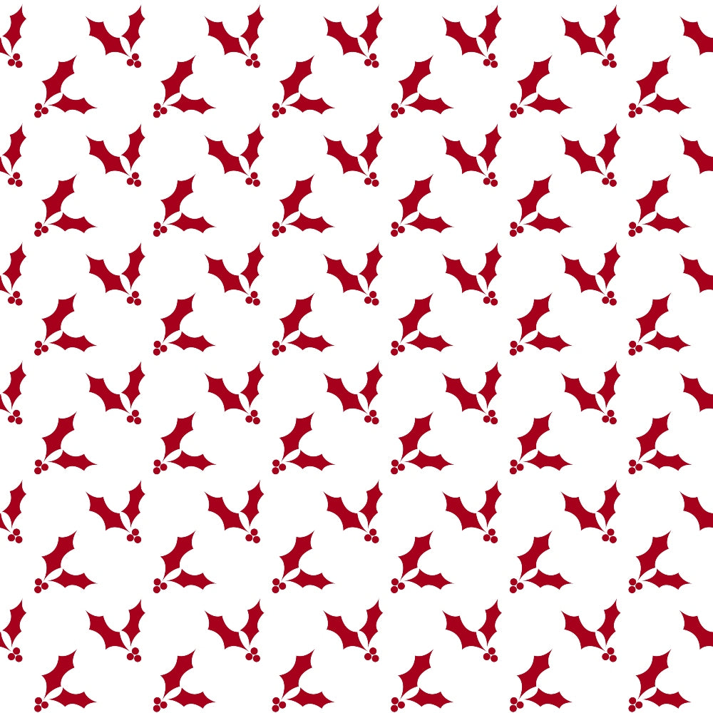 red holly, white background, holly leaves, holly berries, christmas pattern,, fabric panel, holiday motif, botanical design, repeating pattern, festive fabric, winter theme, seasonal print, country style, red berries, leaf pattern, christmas crafting, holiday quilting, decorative fabric, small scale print