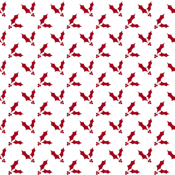 red holly, white background, holly leaves, holly berries, christmas pattern,, fabric panel, holiday motif, botanical design, repeating pattern, festive fabric, winter theme, seasonal print, country style, red berries, leaf pattern, christmas crafting, holiday quilting, decorative fabric, small scale print