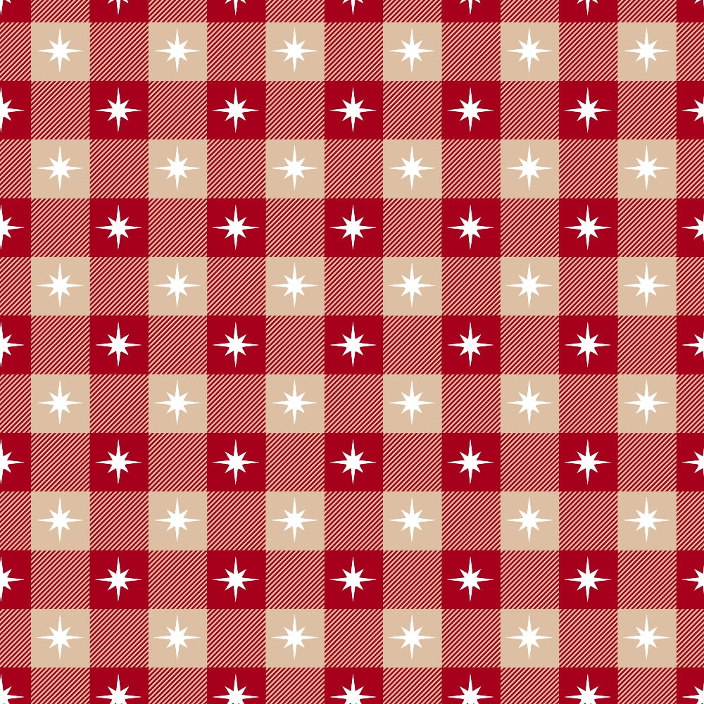 red, beige, burgundy, white stars, checkered pattern, gingham,, fabric panel, country style, christmas theme, holiday pattern, geometric design, alternating squares, festive colors, rustic charm, winter motif, eight-point stars, plaid texture, seasonal fabric, cozy atmosphere