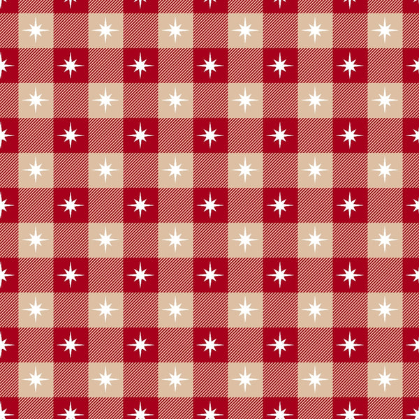red, beige, burgundy, white stars, checkered pattern, gingham,, fabric panel, country style, christmas theme, holiday pattern, geometric design, alternating squares, festive colors, rustic charm, winter motif, eight-point stars, plaid texture, seasonal fabric, cozy atmosphere