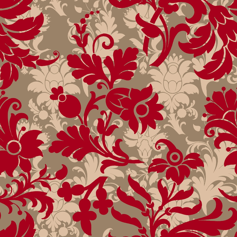 burgundy red, taupe brown, cream beige, damask pattern, floral motifs, ornate scrollwork, baroque style, decorative flourishes, elegant design,, fabric panel, country christmas, holiday fabric, sophisticated pattern, swirling vines, leafy accents, formal floral, rich colors, seamless repeat, cotton fabric