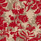 burgundy red, taupe brown, cream beige, damask pattern, floral motifs, ornate scrollwork, baroque style, decorative flourishes, elegant design,, fabric panel, country christmas, holiday fabric, sophisticated pattern, swirling vines, leafy accents, formal floral, rich colors, seamless repeat, cotton fabric