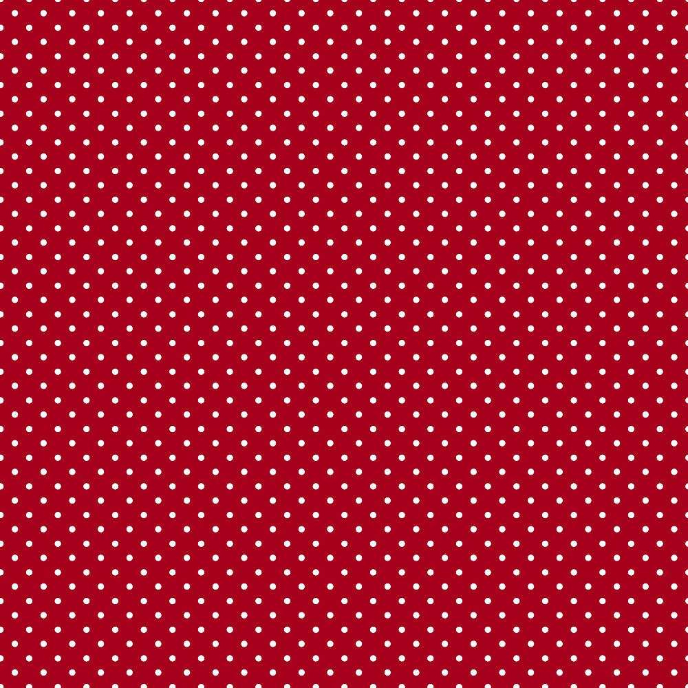 red background, white polka dots, small dots, geometric pattern, repeating pattern,, fabric panel, christmas colors, holiday fabric, festive pattern, cotton fabric, crafting material, sewing fabric, winter colors, dotted design, crimson red, bright white, uniform spacing, textile design, quilting supplies
