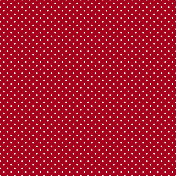 red background, white polka dots, small dots, geometric pattern, repeating pattern,, fabric panel, christmas colors, holiday fabric, festive pattern, cotton fabric, crafting material, sewing fabric, winter colors, dotted design, crimson red, bright white, uniform spacing, textile design, quilting supplies