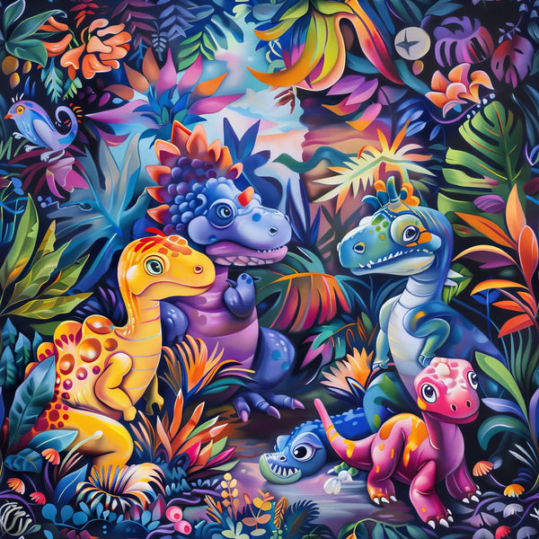dinosaurs, jungle, tropical plants, vibrant colors, cartoon style, baby dinosaurs, orange, blue, purple, green, pink, yellow, fantasy creatures, whimsical, colorful flora, prehistoric animals, cute characters, bright palette,, fabric panel, playful design, children's theme